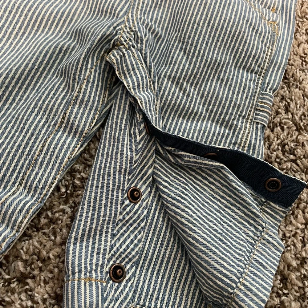OshKosh B'gosh Blue & White Striped Overalls and 2 Shirts 1 plaid lg sleeves 9 M